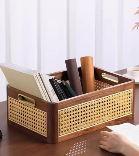 fas级北美黑胡桃木藤编收纳筐桌面收纳盒 ...