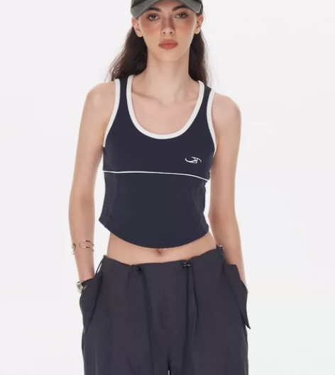 IMXS撞色修身运动感吊带小背心外穿辣妹修...