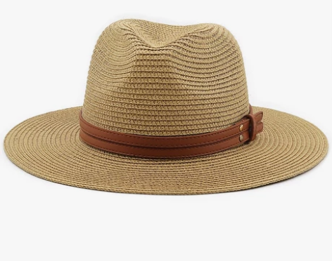 春夏巴拿马帽黄皮带配饰草编礼帽沙滩透气休闲...