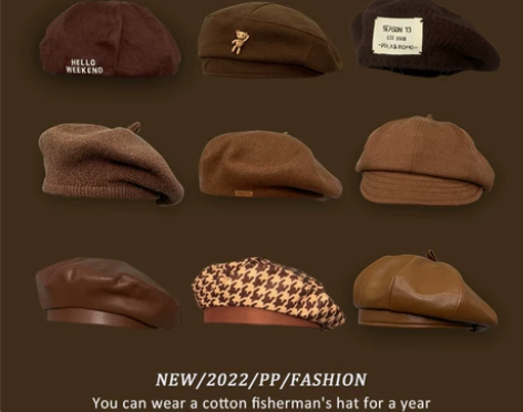 咖啡色帽子女英伦复古春秋天八角pu皮质贝雷帽棕色针织画家帽冬...