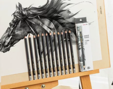 得力软性炭笔黑色中性硬性画画铅笔盒装美术生...