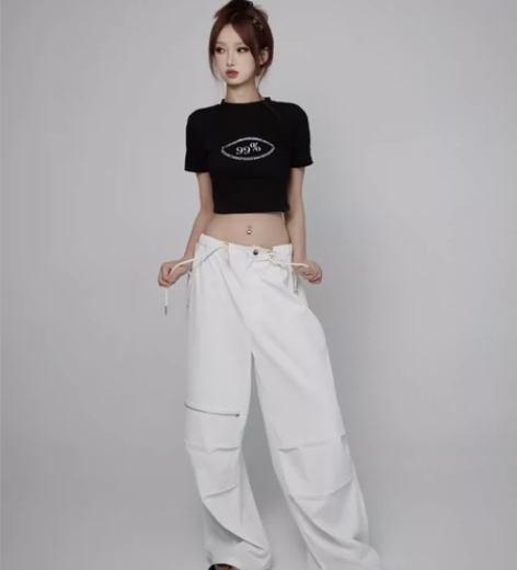 Ruanrui 美式复古辣妹白色低腰工装裤...