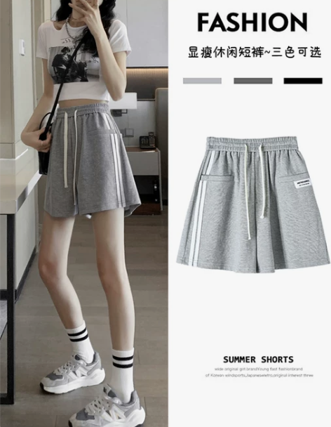 灰色运动短裤女夏季薄款高腰小个子休闲宽松阔...