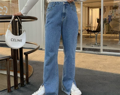 唐不灵Bling大码微胖mm高腰开叉牛仔裤...