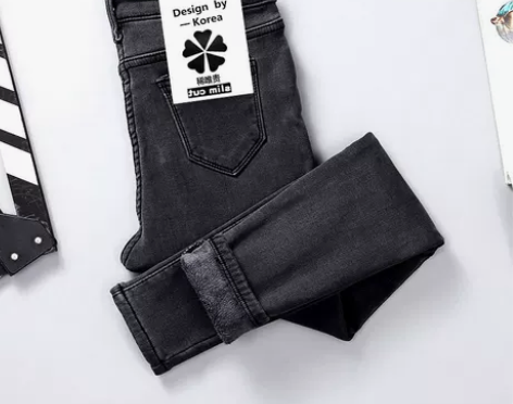 烟灰色加绒牛仔裤女高腰冬季加厚保暖外穿20...