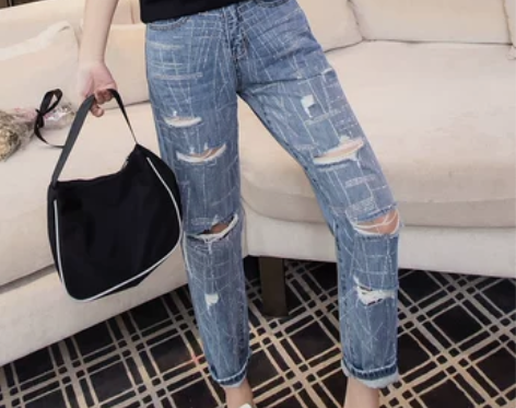 破洞牛仔阔腿裤九分夏季2021新款宽松高腰...