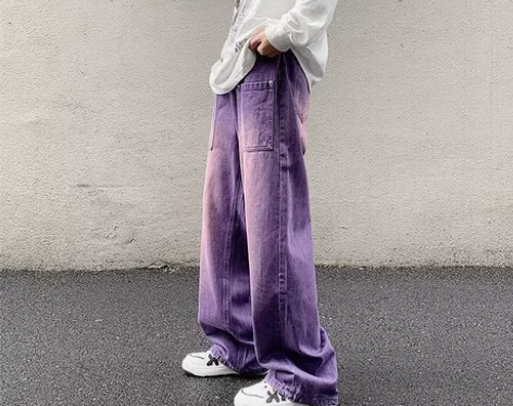 紫色牛仔裤男高街美式街头潮牌港风复古直筒阔...