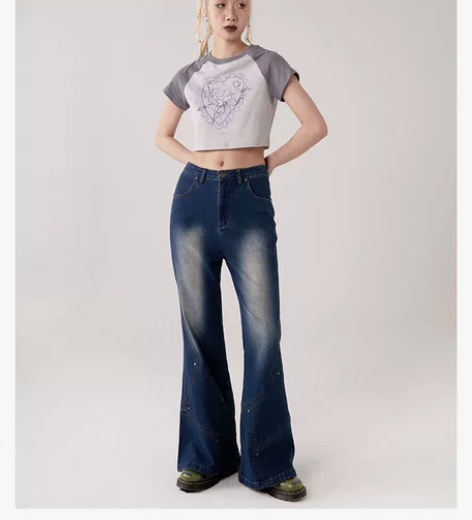 化学少女「过曝相片」复古水洗微喇牛仔裤女春...