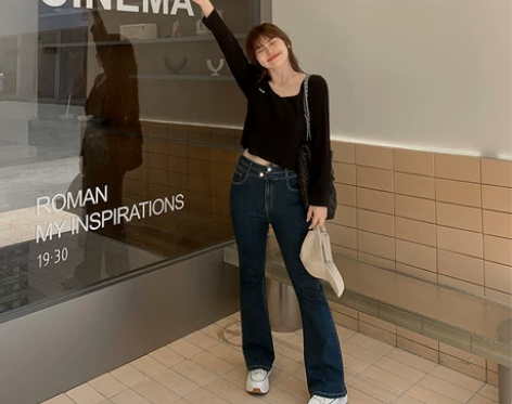 马西西微胖mm高腰微喇牛仔裤女秋季大码薄款...