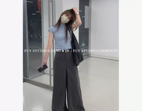 FCY studio灰色西装阔腿裤设计感小...