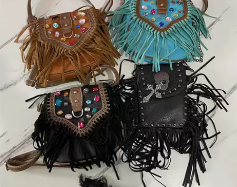 美式复古辣妹包砖石仿麂皮流苏包女士软皮铆钉...