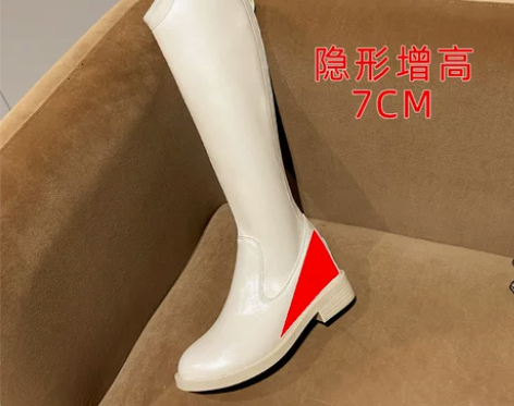 ?红晴蜓小个子内增高筒白色长筒靴女2021...