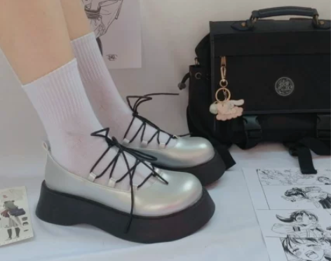 复古银厚底玛丽珍单鞋女chic原宿风软妹大...