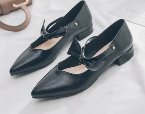 尖头平底女单鞋蝴蝶结玛丽珍女鞋浅口低跟单鞋...