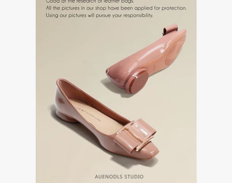 AUENODLS真皮裸粉色蝴蝶结尖头平底单...