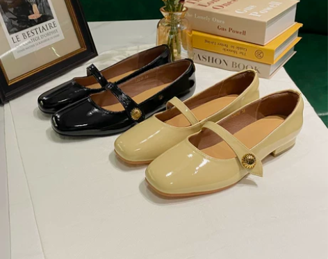 新款法式复古真皮小皮鞋金扣浅口圆头玛丽珍女...