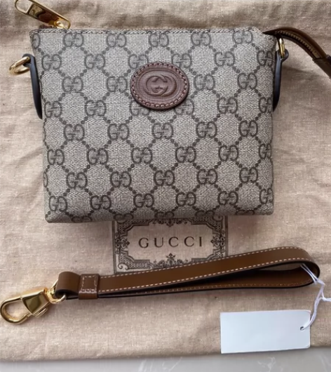 Gucci古驰 老花棕色帆布邮差包互扣式双...