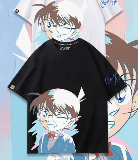 漫画名侦探柯南联名短袖男T恤工藤新一小兰动...
