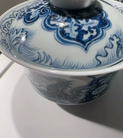 陶玉柴窑青花盖碗仿元铠甲龙穿如意纹，老味十...