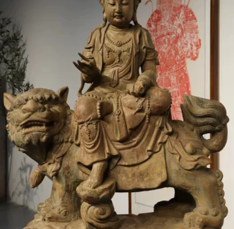木雕、文殊菩萨造像 楠木.高1.18米长8...