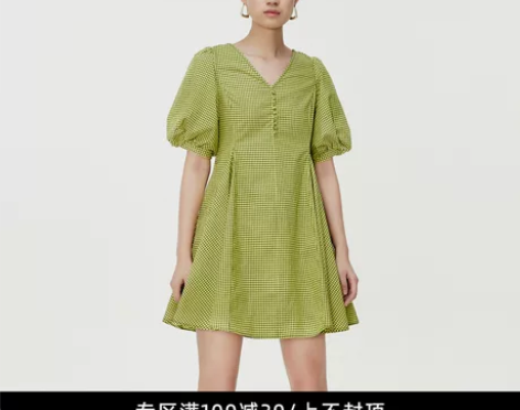 Z11女装 夏季新款复古优雅v领泡泡袖格纹...