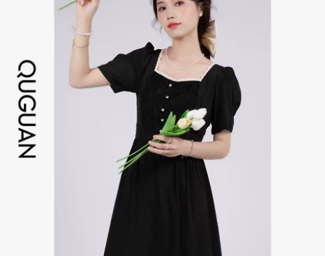 「QG」方领黑色赫本风连衣裙女2022夏季新款法式复古气质小...