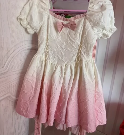 甜美高级感渐变色蝴蝶结高腰显瘦连衣裙女学生...