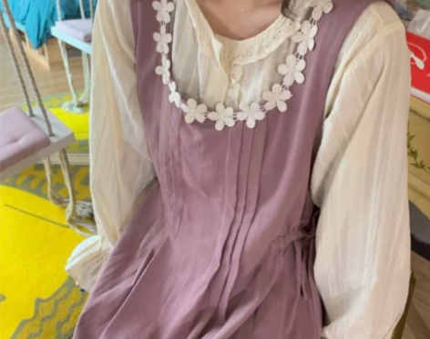 蠢蠢子の四季 复古花边连衣裙 紫色宽松背带...