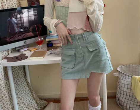 高腰显瘦不规则牛仔半身裙女春夏小个子202...