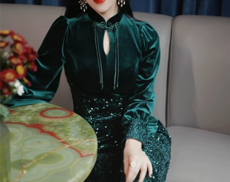四美子绿色珠片礼服旗袍女装倾城之恋2022...