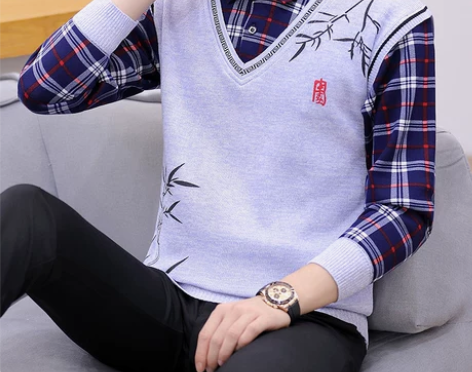 秋冬季假两件衬衫毛衣男士加绒加厚针织打底