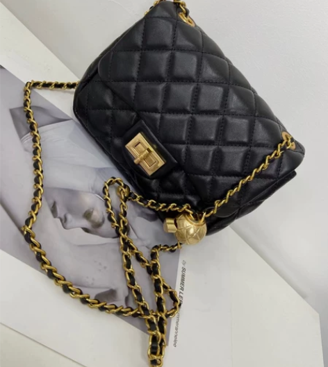 全新全皮软款半定型高品质小香风菱格小金球单...