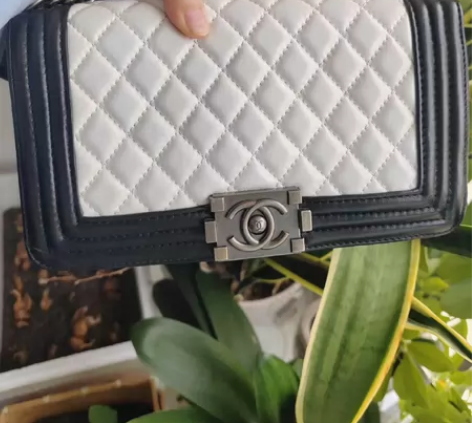 小香风小香 全羊皮链条菱格风经典黑白撞色大...