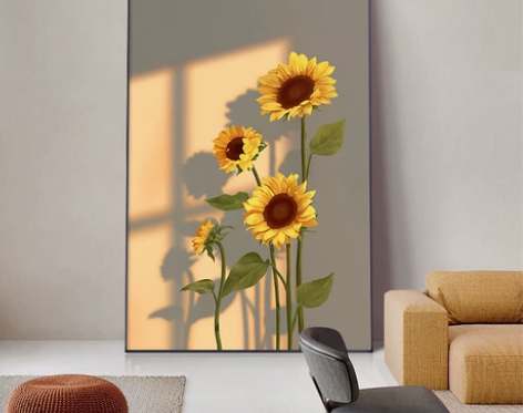 北欧向日葵玄关装饰画客厅落地画卧室光影花卉...