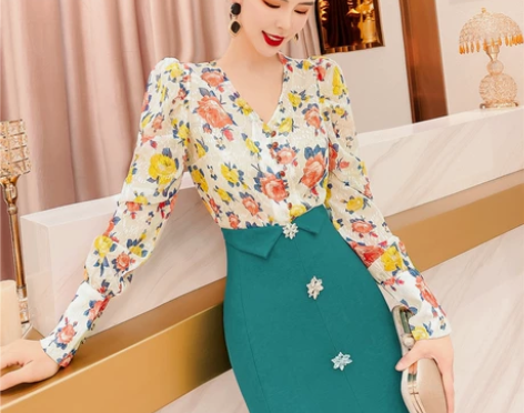 雪纺碎花衬衫女复古港味v领韩国印花冷淡风衬...