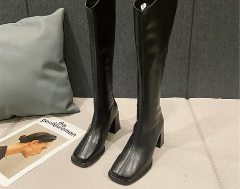 WUXIE+设计感长筒方头高筒后拉链骑士厚...