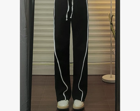 黑色高腰直筒卫裤女春秋显瘦显高美式宽松阔腿...