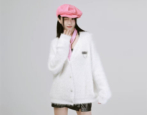 SRUINAW水貂绒V领长袖针织开衫原创设...