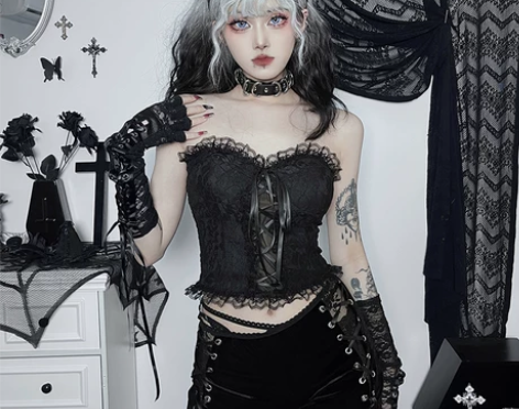 黑色复古蕾丝花边抹胸吊带背心女设计感系带修...