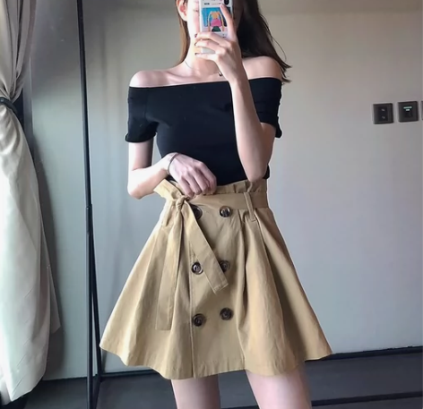 全新汪大侠汪小敏蓬蓬裙a字裙女短裙双排扣绑...