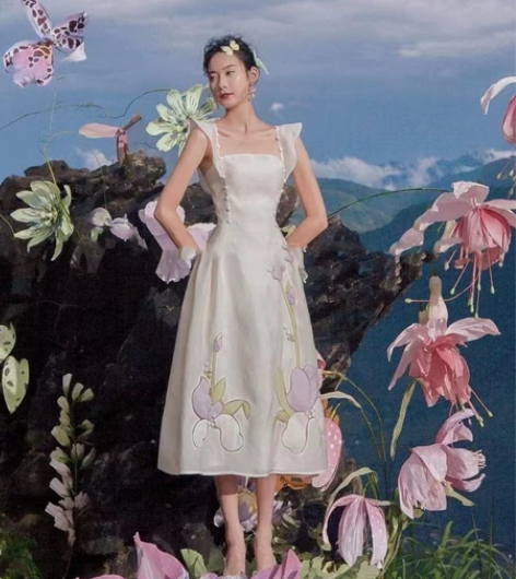 越南小众仙女连衣裙22夏荷叶边肩袖收腰莫兰...