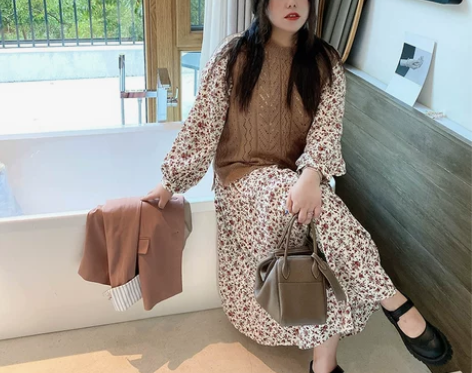 vogana戛纳家大码原创法式浪漫印花连衣...