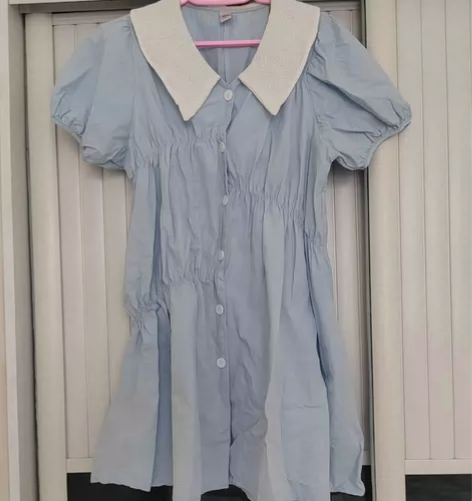 撞色娃娃领泡泡袖连衣裙女2023夏季新款设...