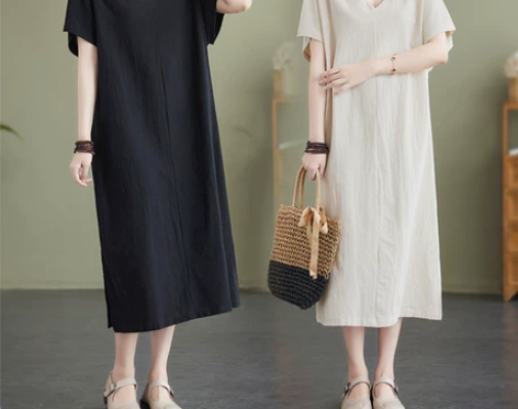 大码文艺短袖棉麻连衣裙春夏新款宽松纯色慵懒...