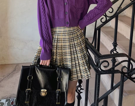 梅子熟了 文艺清新学院风格纹高腰半身裙A字...