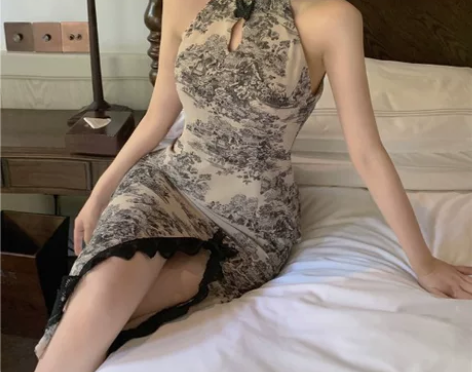 改良式旗袍连衣裙女中国风水墨中长裙2021...